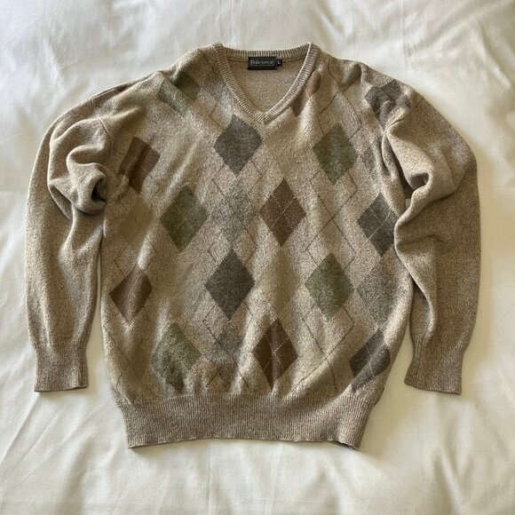Fisherman Out of Ireland | 100% Pure Lambs Wool Argyle V-neck Sweater | Size: L - Picture 2 of 12